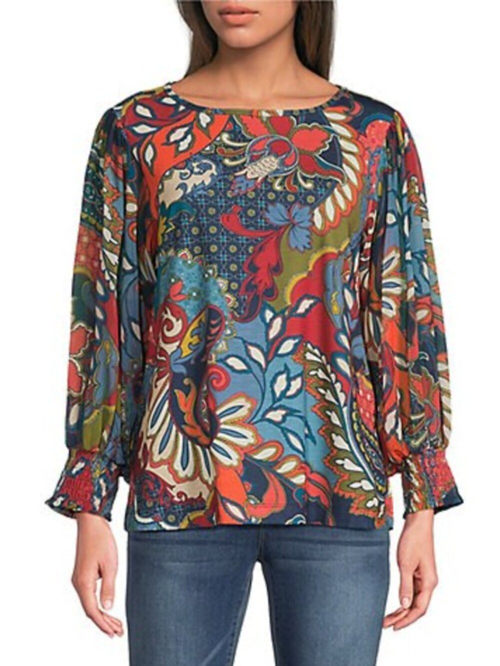 Ali Miles Paisley & Floral Printed Crew Neck Long Sleeve Top size L
